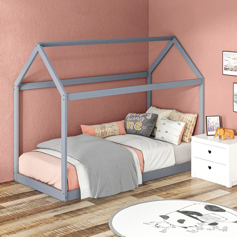Homcom Wooden Single Bed Frame with Tree House Style in Grey - Grey