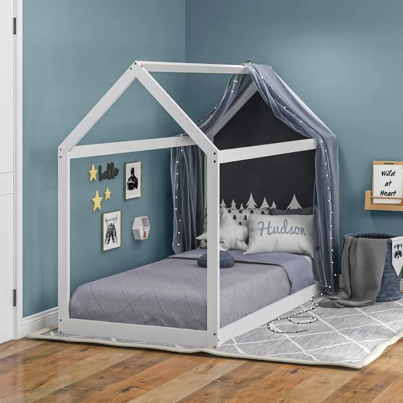 Homcom Wooden Single Bed Frame with Tree House Style in White - White