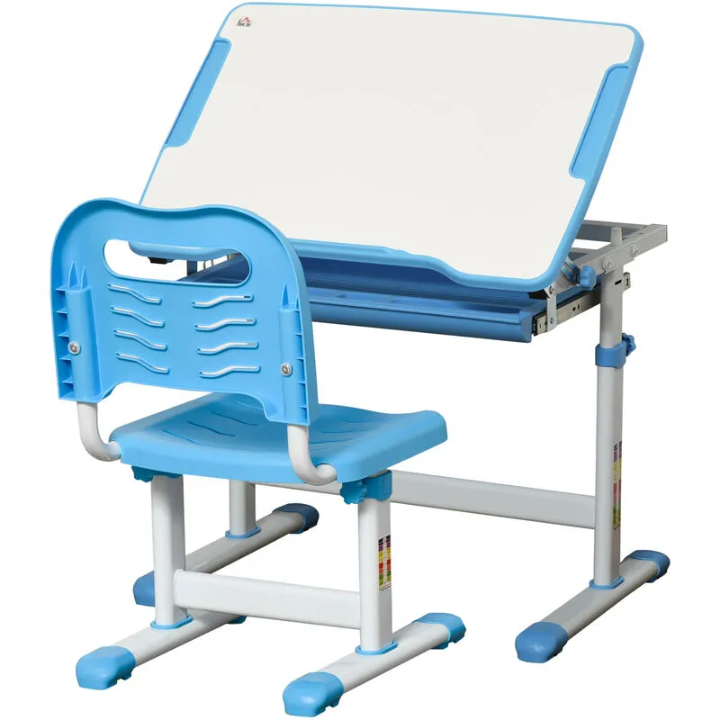 Homcom Kids Desk & Chair Set, Height Adjustable Writing Desk Study Table in Blue Blue