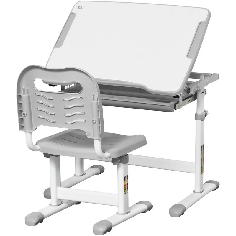 Homcom Kids Desk & Chair Set, Height Adjustable Writing Desk Study Table in Grey Grey