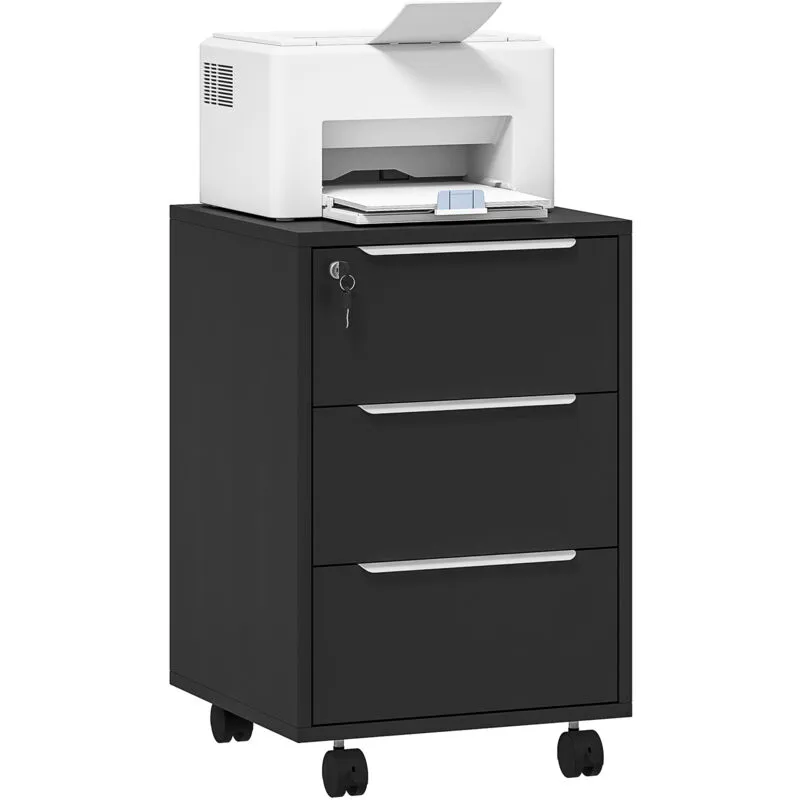 Homcom Modern 3-Drawer Locking File Cabinet Mobile Filing Cabinet in Black Black