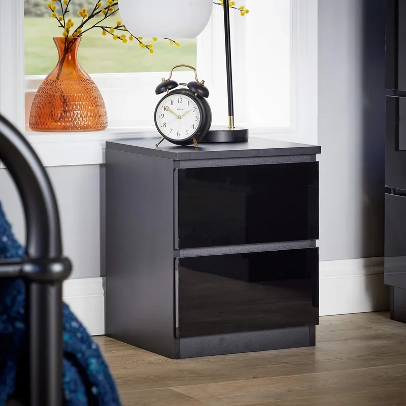 Lugano High Gloss 2 Drawer Bedside Cabinet - Black