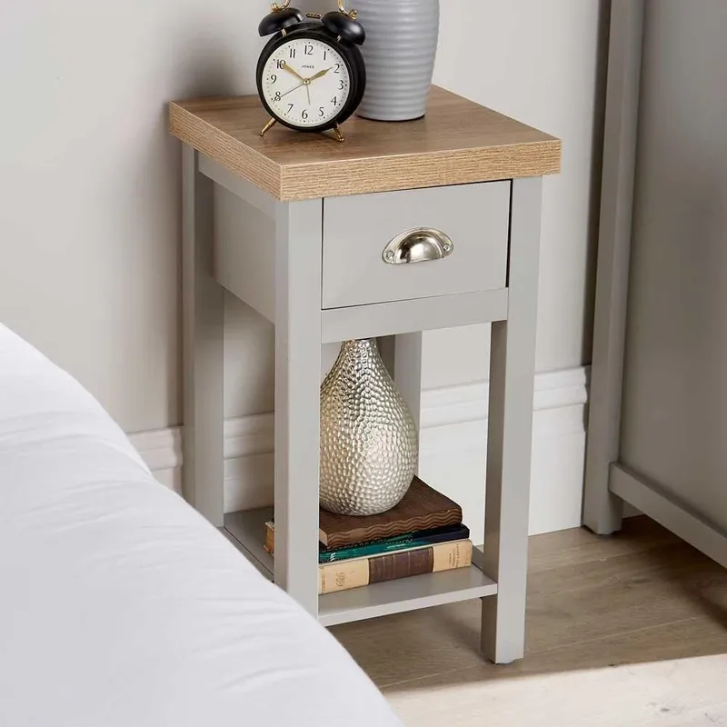 Home Source Avon 1 Drawer Slim Bedside Table Storage Unit 36mm Top in Grey Grey