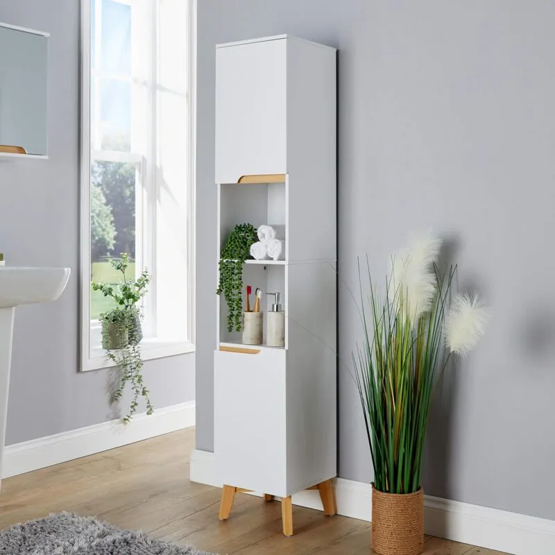 Home Source - Bathroom Tall Storage Cabinet Open Shelving Unit 2 Door Tallboy Organising Unit