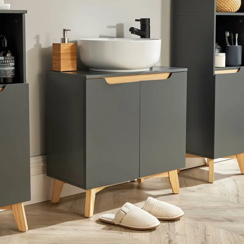 Home Source Bathroom Under Sink Basin Unit Grey Storage Cupboard Shelving Furniture Unit