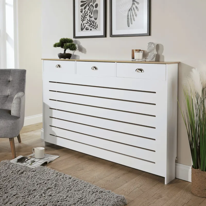 Home Source Batley Large Radiator Cover Grill Shelf Cabinet 3 Drawers Modern White White