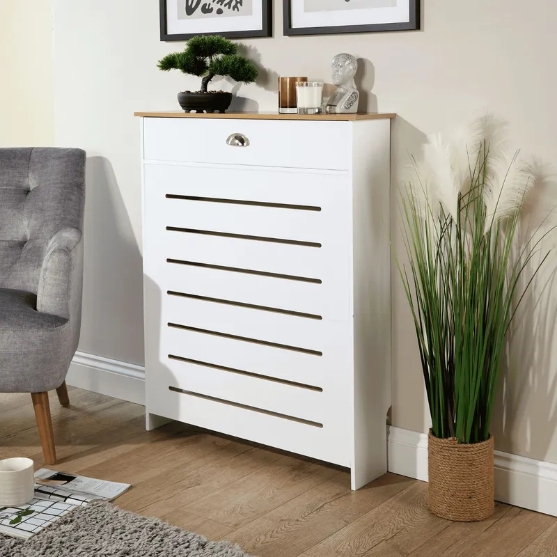 Home Source Batley Radiator Cover Grill Shelf Cabinet With Drawer Mdf Modern White White