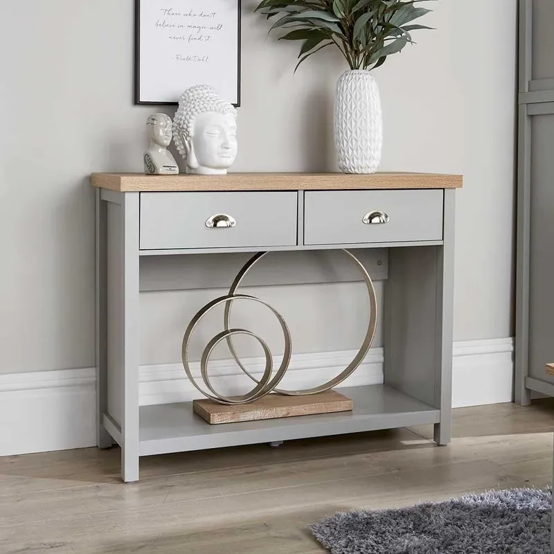 Home Source Console Table 2 Drawer Telephone Table 36mm Oak Top Hallway Storage in Grey Grey
