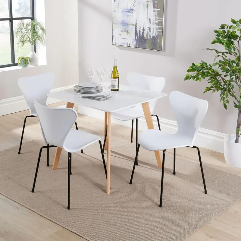 Home Source Trinity Table & 4 Penny Chairs Dining Set White Top Wooden Legs White