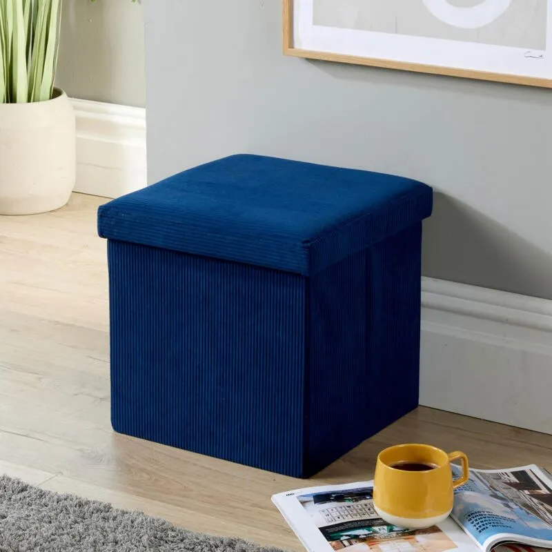 Home Source Ottoman Storage Chest Folding Corduroy Fabric Solid Storage Box in Navy Navy