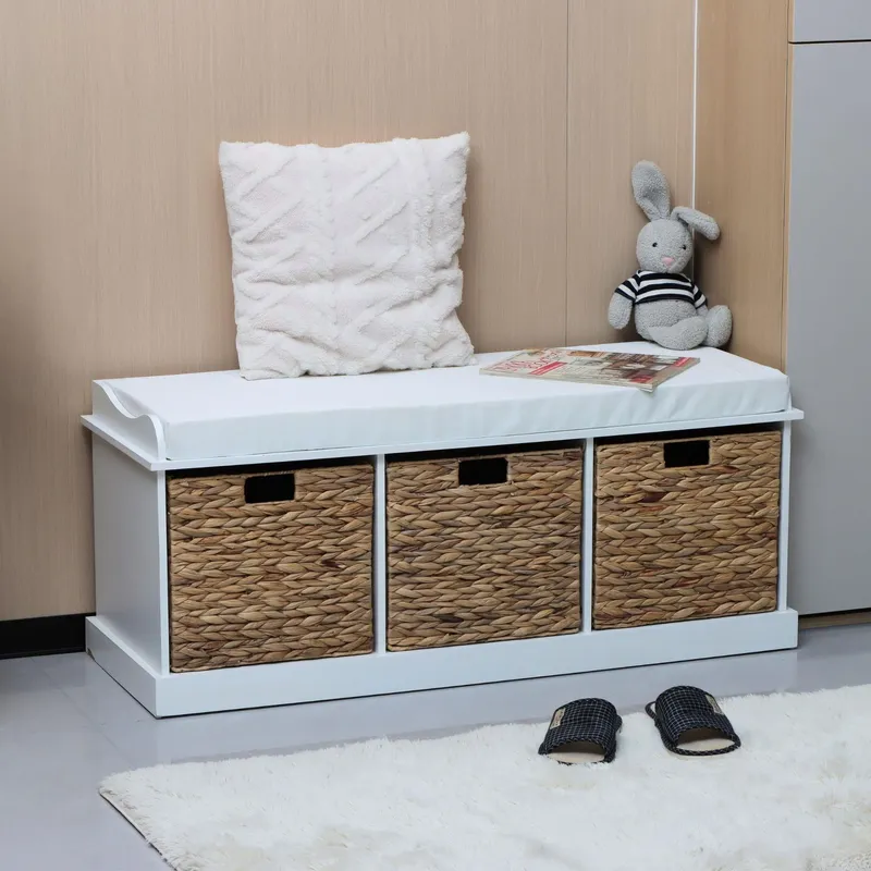 Home Source Hallway Storage Bench 3 Woven Drawer Padded Cushioned Top Wooden Frame in White White