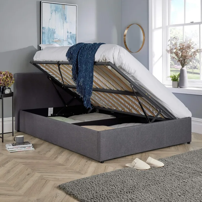 Home Source Horizon Ottoman Side Gas Lift Bed Frame in Grey Size: Small Double Grey Small Double