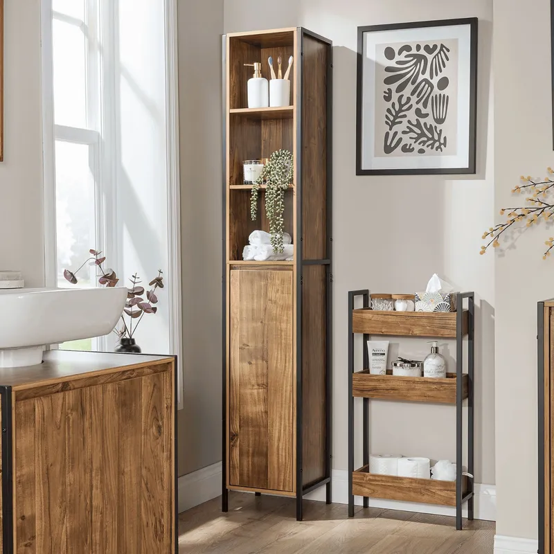 Home Source Locastra Bathroom Cabinet Storage Tall Floor Unit 1 Door & Shelves in Brown Brown