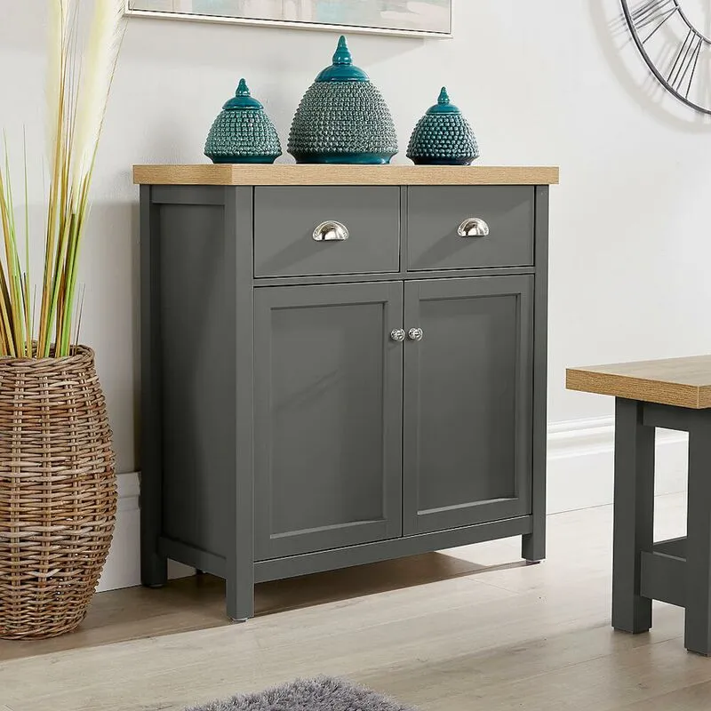 Home Source - Sideboard 2 Door 2 Drawer Dark Grey Storage Cupboard Shelf 36mm Oak Top