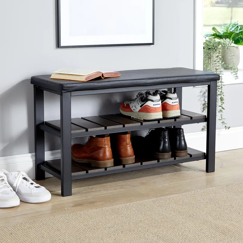 Home Source Spalding Black Metal Shoe Bench with Two Storage Shelves Black