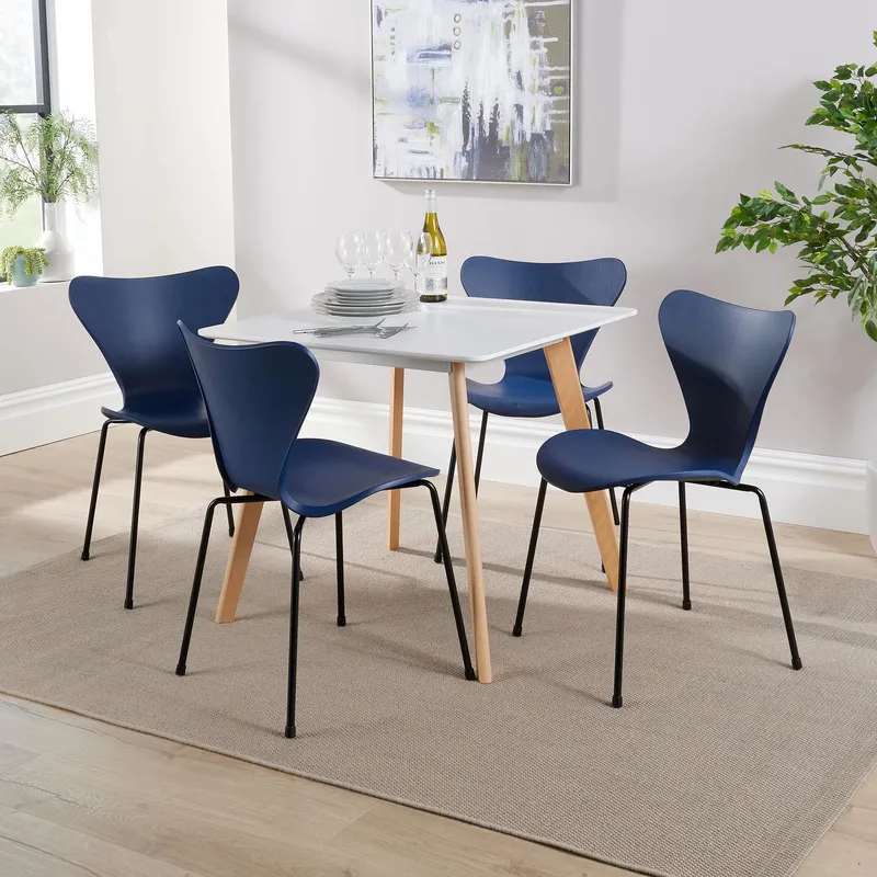 Home Source Trinity Table & 4 Penny Chairs Dining Set White Top Wooden Legs in Navy Navy
