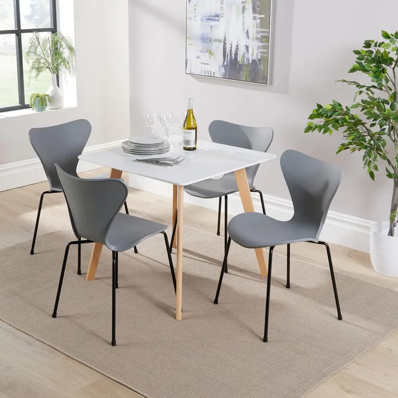Home Source Trinity Table & 4 Penny Chairs Dining Set White Top Wooden Legs in Grey Grey