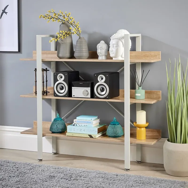 Home Source - Urban Style 3 Tier Wide Bookcase Display Rack Storage Oak Finish Grey Frame