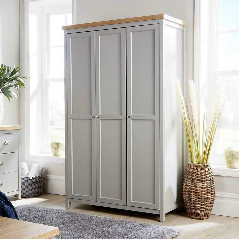 Home Source Avon 3 Door Wardrobe with Storage Shelves in Grey Grey