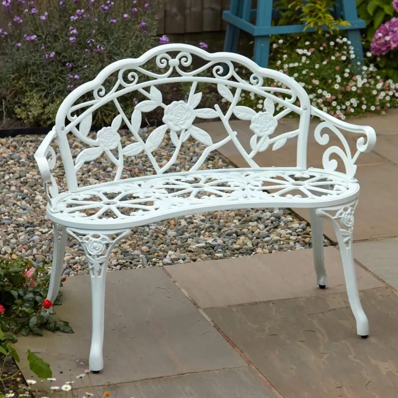 Rose Detail Metal Garden Bench - White