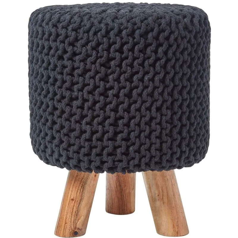 Black Tall Cotton Knitted Footstool on Legs - Homescapes