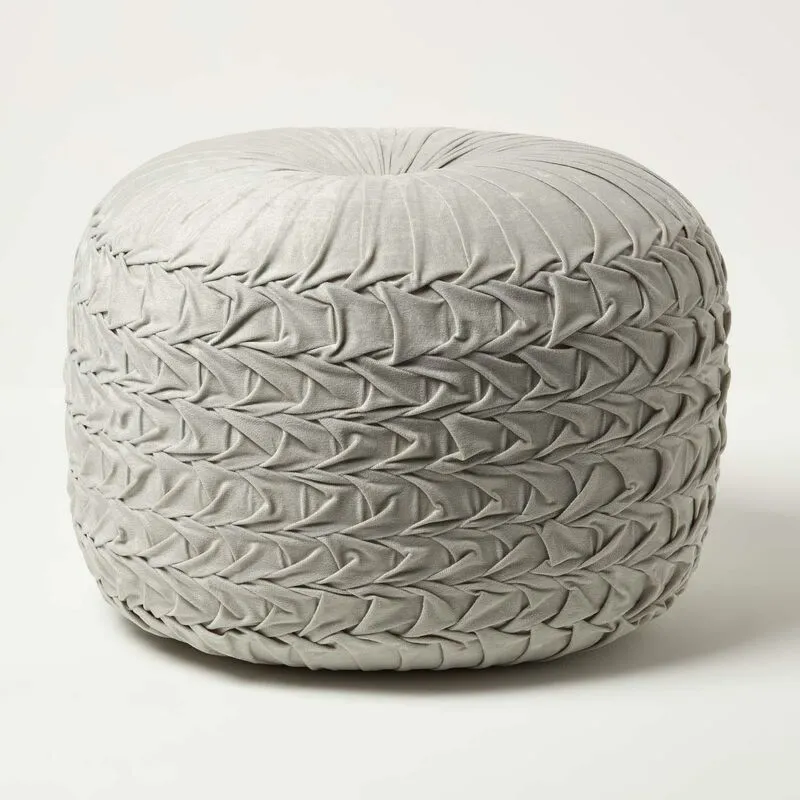 Grace Pleated Velvet Grey Pouffe - Homescapes