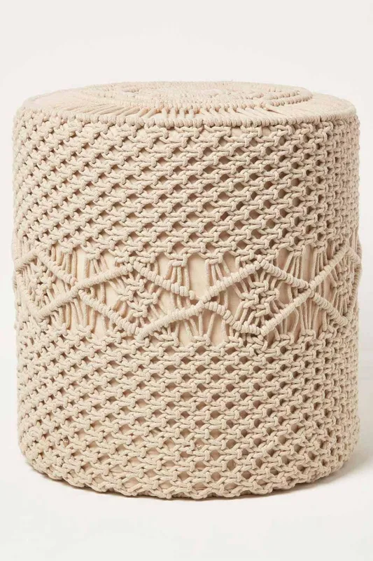 Homescapes Astrid Macrame Pouffe, 42 cm Tall in Natural Natural