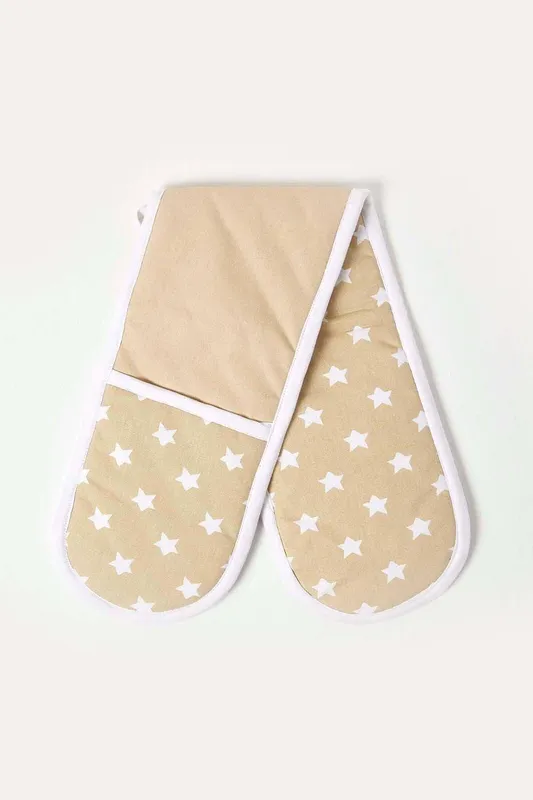Homescapes Beige Stars Cotton Double Oven Glove Beige