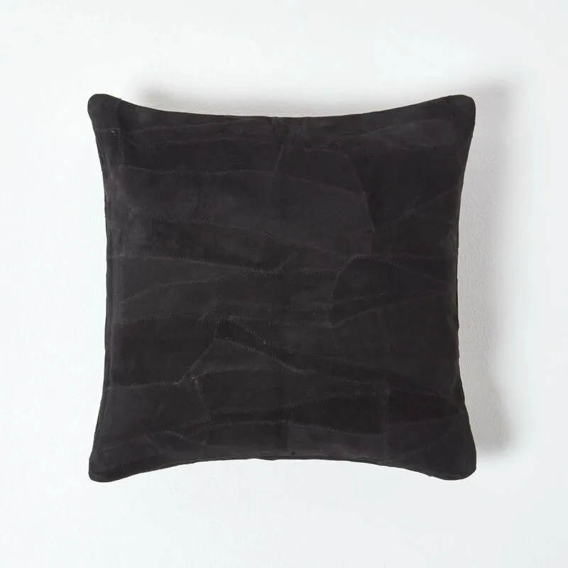 Homescapes - Black Real Leather Suede Cushion with Feather Filling