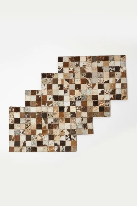 Homescapes Block Check Brown Leather Placemats Set of 4 - Brown