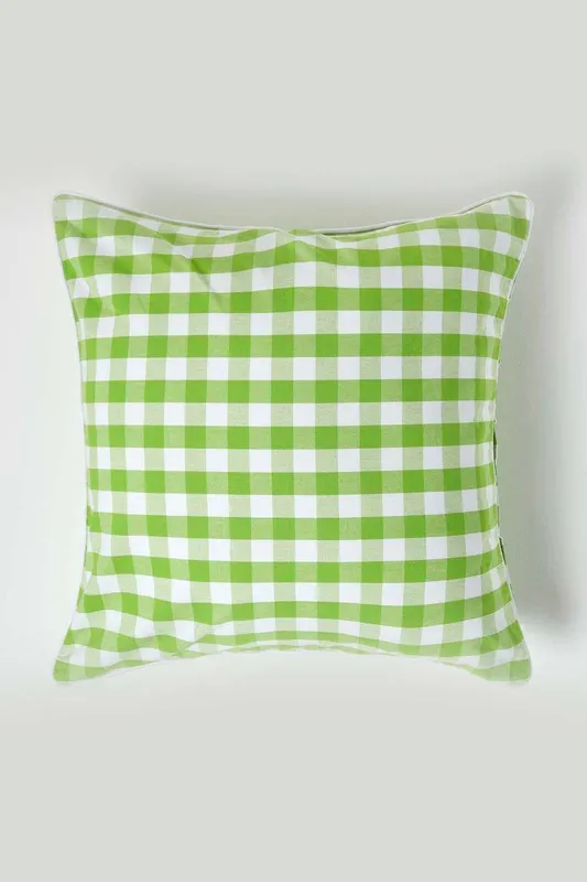 Homescapes Unisex Block Check Cotton Gingham Cushion Cover in Green Size: 60cm x 60cm Green 60cm x 60cm female