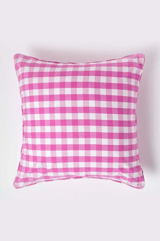 Homescapes Block Check Cotton Gingham Cushion Cover in Pink Size: 45 cm x 45 cm Pink 45 cm x 45 cm