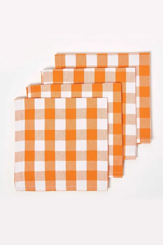 Homescapes Block Check Cotton Gingham Napkins, Set of 4 in Orange Orange