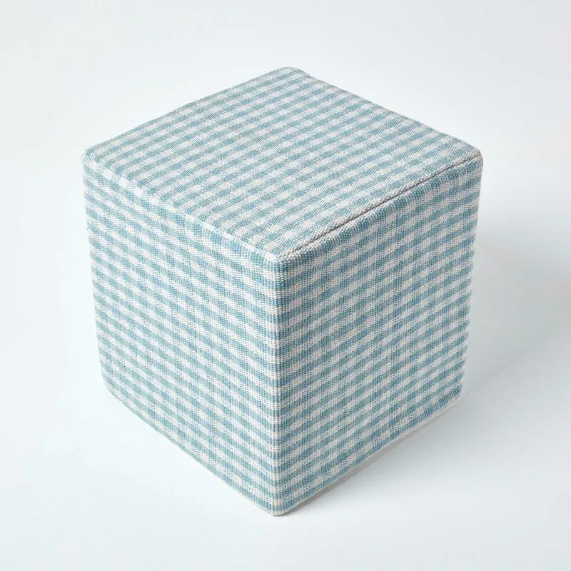 Homescapes Unisex Gingham Check Cotton Cube Pouffe in Blue Blue female