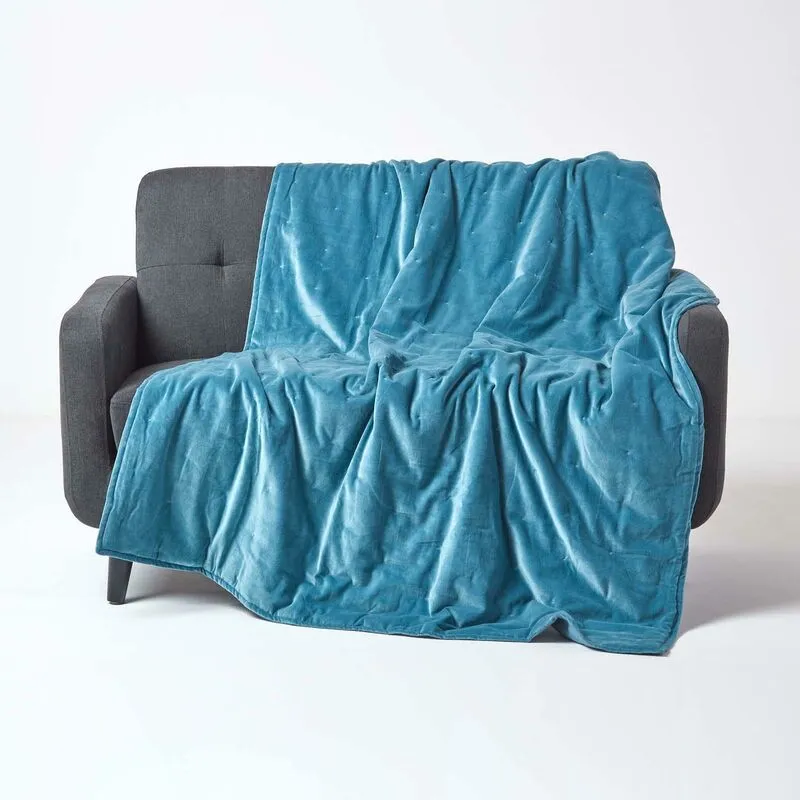 Homescapes - Blue Velvet Quilted Throw, 150 x 200 cm