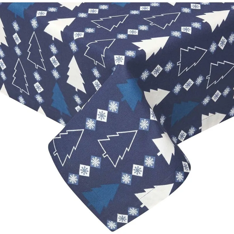 Homescapes Unisex Winterland Cotton Christmas Tablecloth, 137cm x 178cm in Blue Blue One Size female