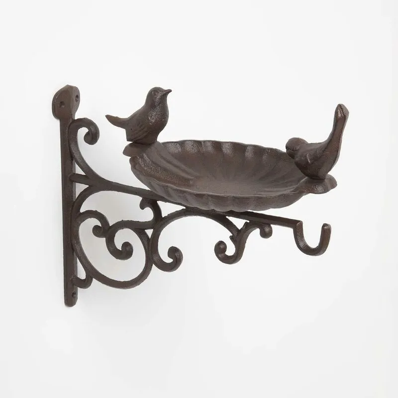 Homescapes - Brown Decorative Bird Bath with Wall Bracket Cast Iron - Brown - Brown