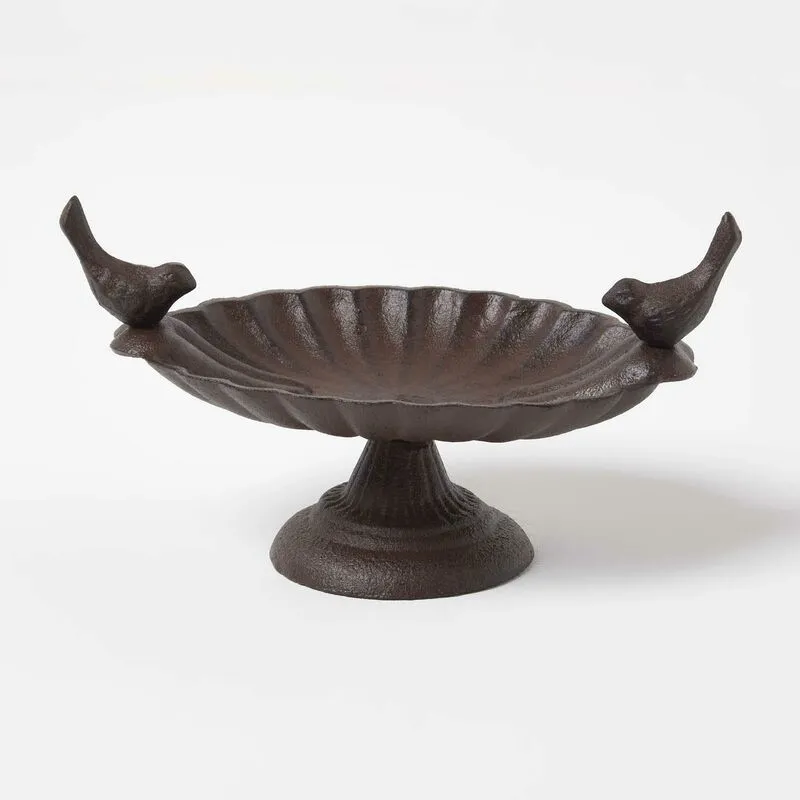 Homescapes - Brown Decorative Birds Scalloped Oval Bird Bath Cast Iron