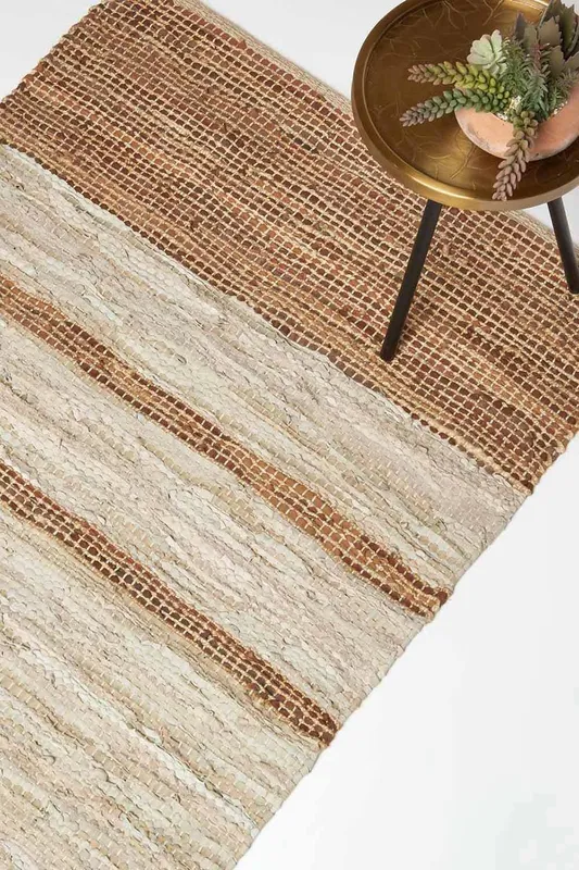 Homescapes Brown Leather Handwoven Stripe Rug Size: 60cm x 90cm - Brown - Size: 60cm x 90cm