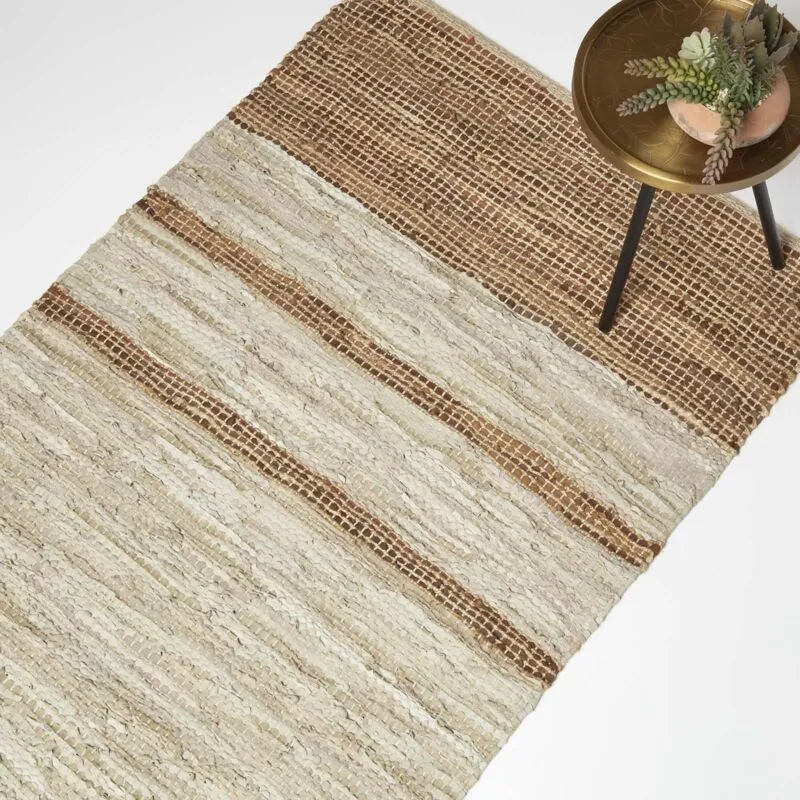 Homescapes Brown Recycled Leather Handwoven Stripe Rug, 120 x 170 cm