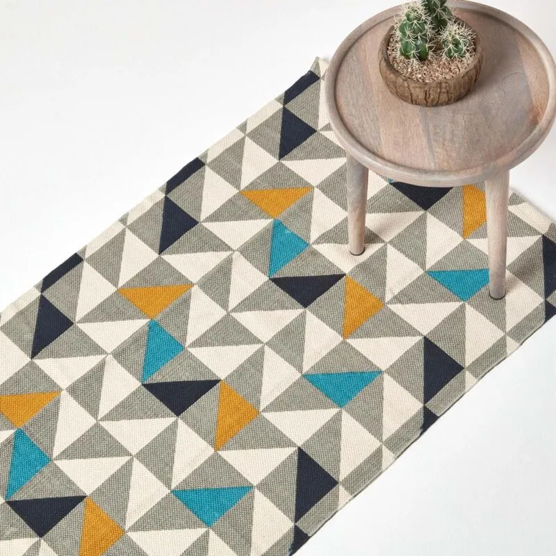 Homescapes - Copenhagen Blue, Yellow and Grey 100% Cotton Geometric Style Scandi Printed Rug, 66 x 200 cm