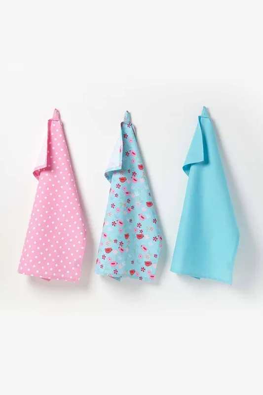Homescapes Cotton Birds & Flowers Pink Blue Tea Towels Set Of Three - Blue - Size: One Size
