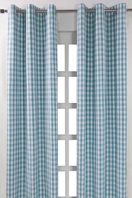 Homescapes Cotton Block Check Gingham Eyelet Curtain Pair in Blue Size: 140cm width x 229cm drop - Blue