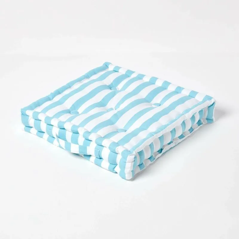 Homescapes Cotton Blue Thick Stripe Floor Cushion, 50 x 50 cm