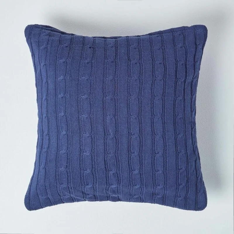 Homescapes - Cotton Cable Knit Navy Blue Cushion Cover, 45 x 45 cm