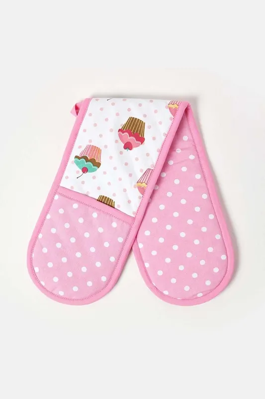 Homescapes Cotton Cupcakes Pink Blue Double Oven Glove - Pink