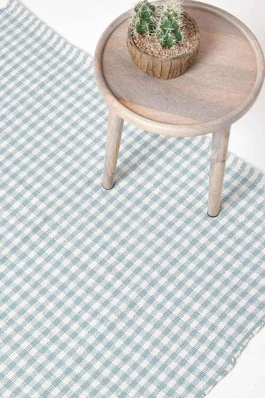 Homescapes Cotton Gingham Check Rug Hand Woven in Blue Size: 60cm x 90cm - Blue