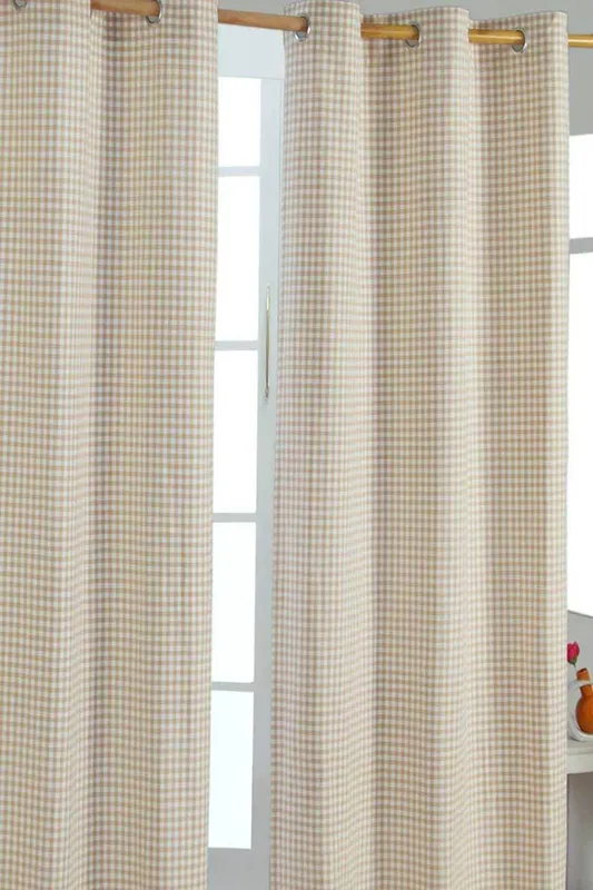 Homescapes Beige Cotton Gingham Eyelet Curtains 137 x 182 cm