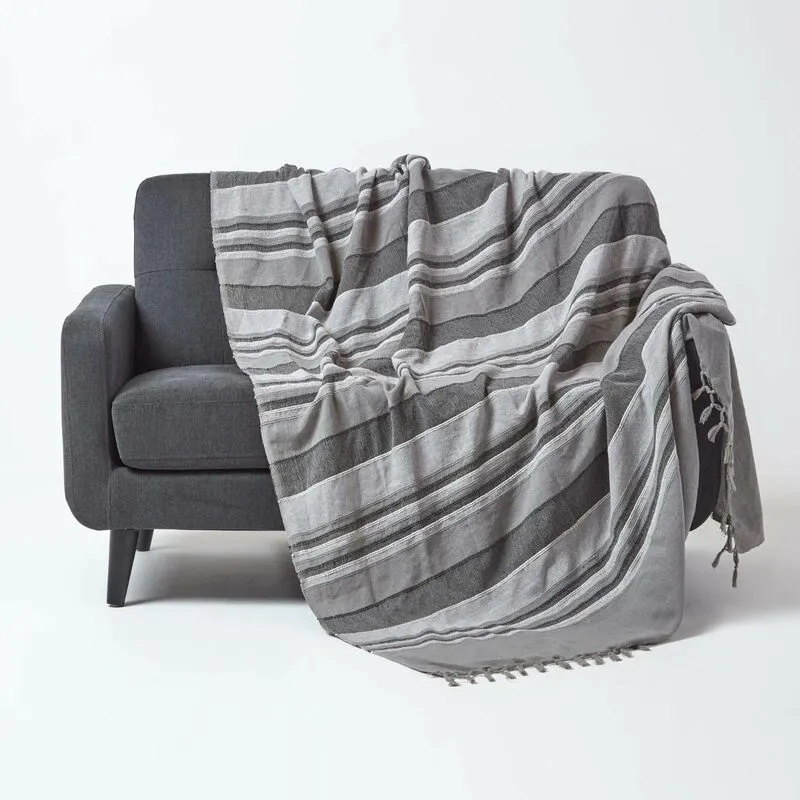 Homescapes - Cotton Morocco Striped Grey Throw, 225 x 255 cm
