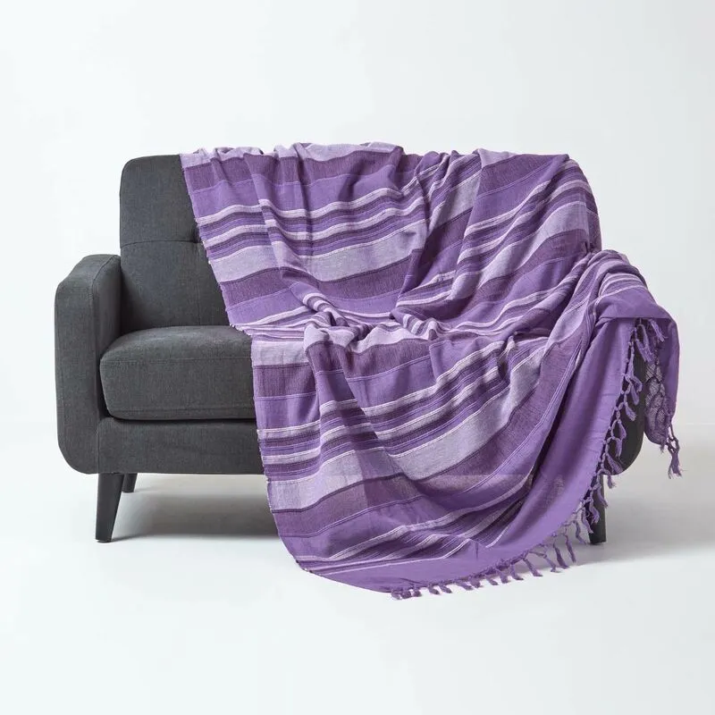 Homescapes - Cotton Morocco Striped Mauve Throw, 225 x 255 cm